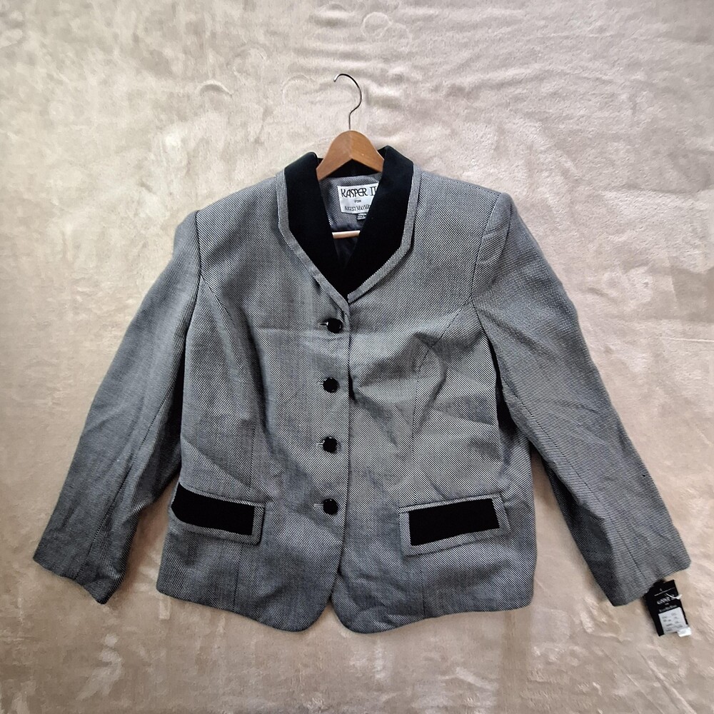 Kasper II Blazer Womens 14W Gray Black Wool Blend Career Jacket August Max Woman